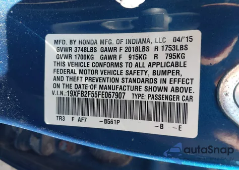 2015 Honda Civic Lx z USA, uszkodzony, nr VIN 19XFB2F55FE067907